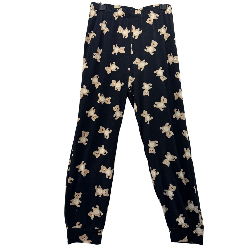 KIKIT Women's L Teddy Bear Print Pajama Pants Black Sleepwear Cozy Loungewear